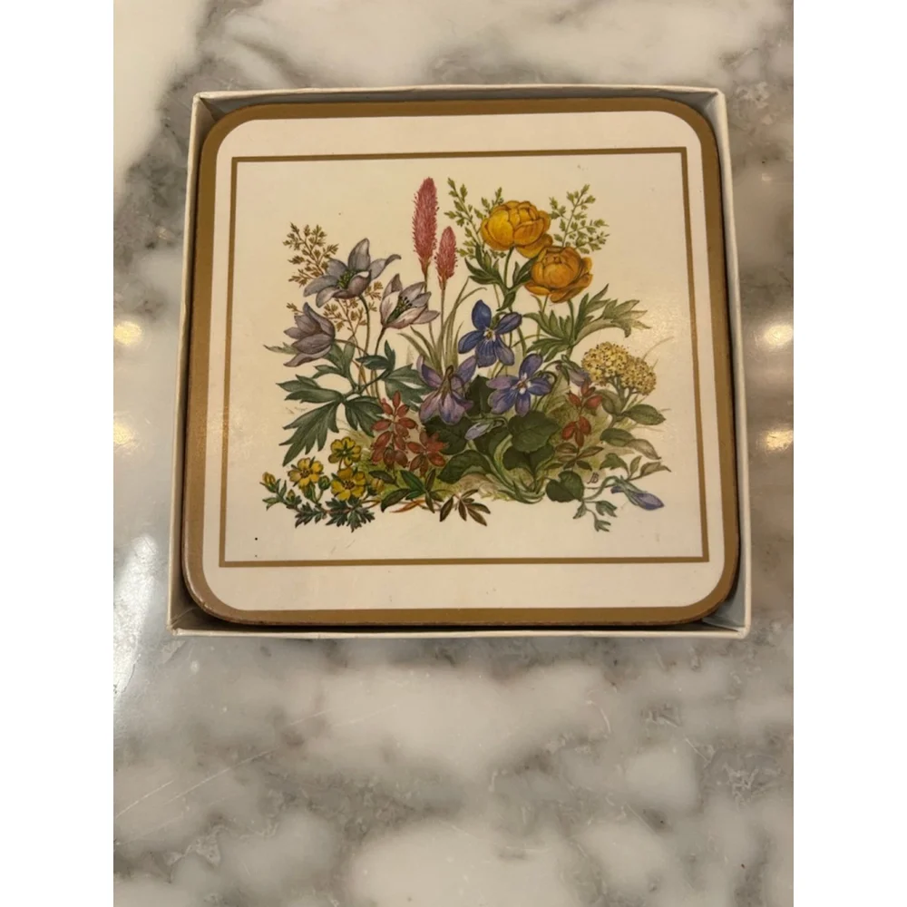 Vintage Pimpernel Acrylic Floral Coasters Set of 6 Made in England 4” Square